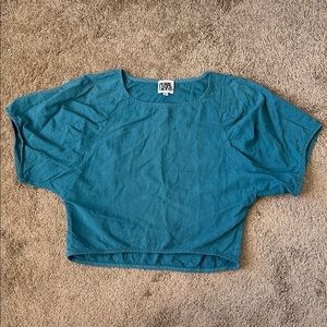 Prairie Underground Teal Puff Short Sleeve Waist Length Linen Blend Top